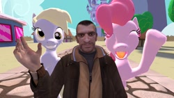 Size: 1192x670 | Tagged: safe, artist:zooweemama92, derpy hooves, pinkie pie, human, 3d, castle, clothes, grand theft auto, gta iv, hand, happy, jacket, niko bellic, ponyville, smiling, tree