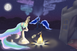 Size: 3700x2455 | Tagged: safe, artist:mcnum, princess celestia, princess luna, alicorn, pony, aurora borealis, campfire, camping, licking lips, magic, marshmallow, missing accessory, moon, night, prone, stars, telekinesis, tongue out