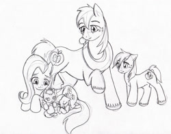 Size: 2502x1960 | Tagged: safe, artist:tristanjsolarez, big macintosh, fluttershy, oc, earth pony, pegasus, pony, fluttermac, male, monochrome, offspring, parent:big macintosh, parent:fluttershy, parents:fluttermac, pencil drawing, shipping, stallion, straight, traditional art