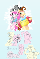 Size: 1000x1465 | Tagged: safe, artist:mariponihoney, boneless, boneless 2, cheese sandwich, pinkie pie, earth pony, pony, pinkie pride, accordion, cheesepie, female, glasses, hat, male, musical instrument, pinkamena diane pie, scene interpretation, straight, top hat, younger