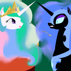 Size: 1000x1000 | Tagged: safe, artist:jun, nightmare moon, princess celestia, alicorn, pony, pixiv, spoon