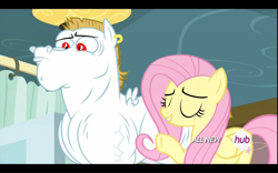 Size: 1680x1050 | Tagged: safe, screencap, bulk biceps, fluttershy, pegasus, pony, rainbow falls, hub logo