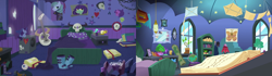 Size: 3840x1080 | Tagged: safe, edit, edited screencap, screencap, starlight glimmer, moth, pony, unicorn, the maud couple, the parent map, bed, book, comparison, edgelight glimmer, eyeball, goth, guitar, kite, mirror, plushie, poster, skateboard, skull, starlight's room