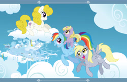 Size: 6800x4400 | Tagged: safe, artist:dey-chan, derpy hooves, dinky hooves, rainbow dash, surprise, pegasus, pony, g1, absurd resolution, cloud, cloudsdale, cloudy, female, flying, mare