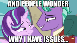 Size: 720x405 | Tagged: safe, edit, edited screencap, screencap, firelight, starlight glimmer, pony, unicorn, the parent map, animated, annoyed, aside glance, father and child, father and daughter, female, image macro, lidded eyes, looking at you, male, mare, meme, parent and child, sideways glance, sire's hollow, squishy cheeks, stallion