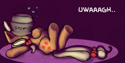 Size: 973x492 | Tagged: safe, artist:fauxsquared, applejack, earth pony, pony, cookie jar, on back, solo, trixie is magic, underhoof