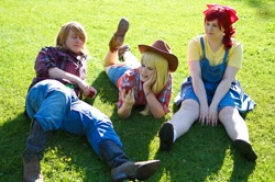 Size: 1280x851 | Tagged: safe, artist:dnexen, artist:lumenpanda, artist:misschibi, apple bloom, applejack, big macintosh, human, 2013, ayacon, convention, cosplay, grass, irl, irl human, photo