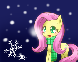 Size: 1000x800 | Tagged: safe, artist:hashioaryut, fluttershy, pegasus, pony, clothes, pixiv, scarf, snowflake, solo, winter