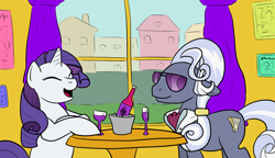 Size: 1146x661 | Tagged: artist needed, safe, hoity toity, rarity, pony, unicorn, eyes closed, table, wine