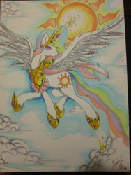 Size: 3177x4233 | Tagged: safe, artist:aerostoner, princess celestia, alicorn, pony, armor, flying, glowing horn, magic, solo, spread wings, sun, traditional art