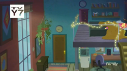 Size: 1600x900 | Tagged: safe, screencap, sunset shimmer, eqg summertime shorts, equestria girls, monday blues, bed hair, christmas lights, discovery family logo, music video, sunset's apartment, tv-y7