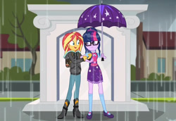 Size: 1186x817 | Tagged: safe, screencap, sci-twi, sunset shimmer, twilight sparkle, eqg summertime shorts, equestria girls, monday blues, female, geode of telekinesis, rain, shipping fuel, umbrella