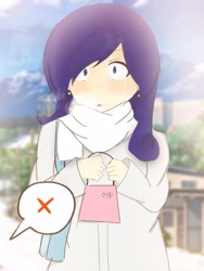 Size: 1536x2048 | Tagged: safe, artist:orz1515, rarity, human, anime, anime los angeles, clothes, coat, crying, earring, handbag, humanized, present, sad, scarf, snow, snowfall, winter