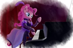 Size: 1095x730 | Tagged: safe, artist:qweeli, pinkie pie, earth pony, pony, over a barrel, cabaret, clothes, costume, musical instrument, piano, saloon dress, saloon pinkie, scene interpretation, solo, underhoof