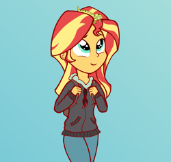 Size: 986x934 | Tagged: safe, artist:zharkaer, ray, sunset shimmer, eqg summertime shorts, equestria girls, monday blues, pet project, clothes, cute, female, gradient background, hoodie, leopard gecko, shimmerbetes, walking