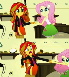 Size: 1366x1534 | Tagged: safe, color edit, edit, edited edit, screencap, fluttershy, sunset shimmer, eqg summertime shorts, equestria girls, pet project, collage, colored, guitar, holding hands, lip bite, maracas, musical instrument, pure unfiltered evil, pure unfiltered horror