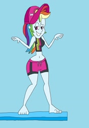 Size: 1601x2289 | Tagged: safe, artist:hunterxcolleen, derpibooru import, rainbow dash, better together, equestria girls, barefoot, belly button, bikini, bikini top, blue background, cap, clothes, cool, diving board, feet, hat, humanized, midriff, shorts, simple background, solo, swimming trunks, swimsuit