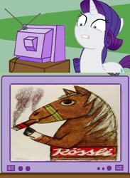 Size: 563x771 | Tagged: safe, rarity, pony, unicorn, advertisement, cigar, exploitable meme, hoers, meme, obligatory pony, rossli, shrunken pupils, switzerland, tv meme, vintage