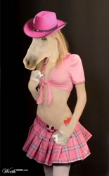 Size: 625x1006 | Tagged: safe, edit, applejack, anthro, belly button, clothes, creepy, front knot midriff, hoers, midriff, photo, photoshop, pink, skirt, wat, what has science done