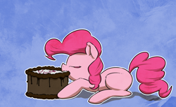 Size: 1376x843 | Tagged: safe, artist:ohmymarton, pinkie pie, earth pony, pony, blank flank, blue background, cake, eating, eyes closed, nom, simple background, solo