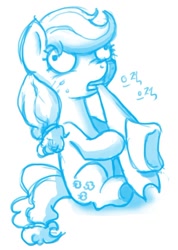 Size: 600x841 | Tagged: safe, artist:mrs1989, applejack, earth pony, pony, korean, monochrome, nom, sitting, solo