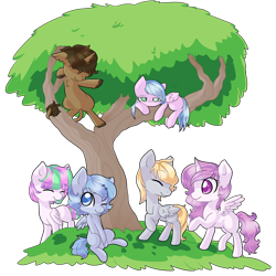 Size: 1024x1024 | Tagged: safe, artist:rue-willings, blossomforth, derpy hooves, princess celestia, oc, oc:bubblepop, alicorn, pony, female, filly, group photo, tree