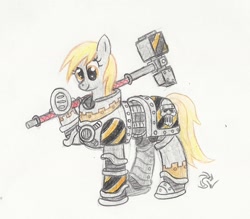 Size: 1524x1332 | Tagged: safe, artist:sensko, derpy hooves, pegasus, pony, armor, crossover, female, iron warriors, mare, pencil drawing, power armor, solo, space marine, traditional art, war hammer, warhammer (game), warhammer 30k, warhammer 40k, weapon