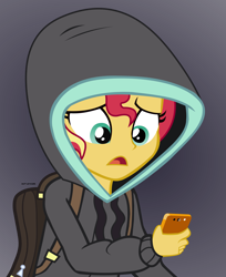 Size: 4487x5488 | Tagged: safe, artist:mandash1996, sunset shimmer, eqg summertime shorts, equestria girls, monday blues, absurd resolution, clothes, dark background, female, hoodie, phone, simple background, solo, transparent background, vector