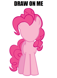 Size: 942x1288 | Tagged: safe, pinkie pie, earth pony, pony, draw on me, exploitable meme, female, mare, meme, no face, simple background, solo, text, wat, white background