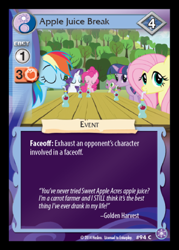 Size: 349x487 | Tagged: safe, derpibooru import, carrot top, fluttershy, golden harvest, pinkie pie, rainbow dash, rarity, spike, twilight sparkle, dragon, earth pony, pegasus, pony, unicorn, apple juice, card, ccg, crystal games, enterplay, mlp trading card game, sweet apple acres