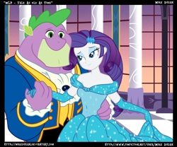 Size: 866x721 | Tagged: safe, artist:mikedugan, rarity, spike, equestria girls, beauty and the beast, beefspike, clothes, crossover, dancing, disney, disney princess, dress, female, male, pairings, parody, shipping, sparity, straight