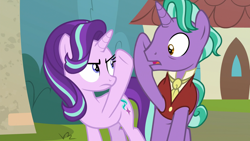 Size: 1920x1080 | Tagged: safe, screencap, firelight, starlight glimmer, pony, unicorn, the parent map, duo, father and child, father and daughter, female, frown, male, mare, parent and child, sire's hollow, slap, stallion, surprised