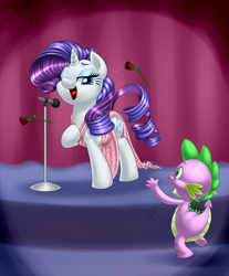 Size: 1200x1450 | Tagged: safe, artist:pia-sama, rarity, spike, dragon, pony, unicorn, clothes, dress, female, male, microphone, rose, shipping, singing, song, sparity, straight