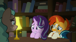 Size: 1920x1080 | Tagged: safe, screencap, starlight glimmer, sunburst, pony, the parent map, background pony, book, bookshelf, bookstore, hiding, lamp, table