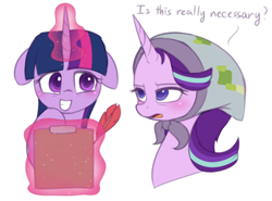 Size: 800x591 | Tagged: safe, artist:puetsua, starlight glimmer, twilight sparkle, twilight sparkle (alicorn), alicorn, pony, unicorn, the parent map, blanket, clipboard, dialogue, duo, female, floppy ears, glowing horn, headscarf, magic, mare, quill, scarf, simple background, starlight is not amused, telekinesis, unamused, white background