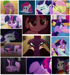 Size: 1116x1200 | Tagged: safe, derpibooru import, screencap, fluttershy, pinkie pie, rainbow dash, rarity, spike, tempest shadow, twilight sparkle, twilight sparkle (alicorn), verko, alicorn, dragon, earth pony, pegasus, pony, unicorn, my little pony: the movie, broken horn, cheek squish, cheeks, collage, cropped, eye scar, female, floppy ears, framed by legs, mare, scar, squishy cheeks