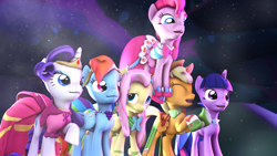 Size: 1920x1080 | Tagged: safe, artist:sourcerabbit, artist:whiteskypony, derpibooru import, applejack, fluttershy, pinkie pie, rainbow dash, rarity, twilight sparkle, earth pony, pegasus, pony, unicorn, 3d, clothes, dress, eyes closed, gala, gala dress, grin, hoofy-kicks, mane six, open mouth, pronking, raised hoof, rearing, smiling, source filmmaker