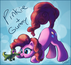 Size: 1320x1207 | Tagged: safe, artist:seyllah, gummy, pinkie pie, earth pony, pony, face down ass up, pet