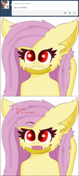 Size: 642x1416 | Tagged: safe, artist:pegamutt, fluttershy, bat pony, pony, bats!, ask, banana, comic, flutterbat, race swap, solo, tumblr