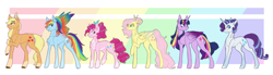 Size: 4846x1340 | Tagged: safe, artist:anyatrix, derpibooru import, applejack, fluttershy, pinkie pie, rainbow dash, rarity, twilight sparkle, twilight sparkle (alicorn), alicorn, earth pony, pegasus, pony, unicorn, alternate design, colored wings, female, hair bun, hairpin, mane six, mare, multicolored wings, rainbow wings, scar, size difference, socks (coat marking), story included, two toned wings