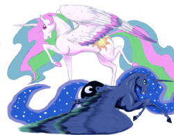 Size: 3229x2504 | Tagged: safe, artist:phantomnova189, princess celestia, princess luna, alicorn, pony, hoers, realistic, realistic anatomy, realistic horse legs, simple background