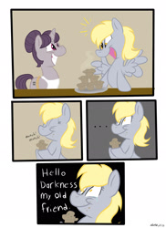 Size: 1700x2338 | Tagged: safe, artist:artisticwerks, derpy hooves, sugar belle, pegasus, pony, the cutie map, ..., baked bads, comic, crying, female, forced smile, grin, hello darkness my old friend, lyrics in the comments, mare, muffin, simon and garfunkel, song in the comments, spread wings, the sound of silence