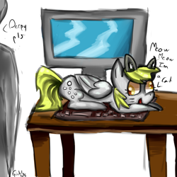 Size: 800x800 | Tagged: safe, artist:nyabird, derpy hooves, human, behaving like a cat, cat ears, computer, keyboard, prone