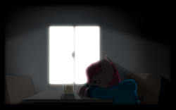 Size: 1024x640 | Tagged: safe, artist:serendipity-kitty, pinkie pie, earth pony, pony, alone, backlighting, clothes, coffee, crying, dark, drink, hoodie, lonely, mug, pinkamena diane pie, sad, sitting, solo, table, window