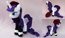 Size: 2512x1464 | Tagged: safe, artist:wild-hearts, rarity, sweet and elite, beatnik rarity, beret, clothes, hat, irl, photo, plushie, solo