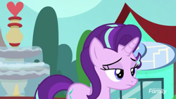 Size: 1170x658 | Tagged: safe, screencap, starlight glimmer, unicorn, the parent map, cropped, discovery family logo, female, fountain, mare, sire's hollow, starlight is not amused, unamused