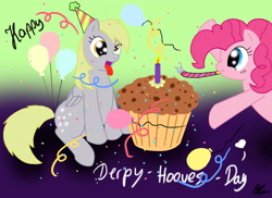 Size: 3507x2550 | Tagged: safe, artist:ramalllama, derpy hooves, pinkie pie, earth pony, pegasus, pony, balloon, cake, candle, derpy day, derpy day 2012, female, hat, mare, muffin, party, party hat