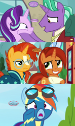 Size: 1280x2160 | Tagged: safe, edit, edited screencap, screencap, firelight, rainbow dash, starlight glimmer, stellar flare, sunburst, pegasus, pony, parental glideance, the parent map, cheek squish, cloak, clothes, comic, embarrassed, glasses, goggles, implied bow hothoof, implied windy whistles, necktie, screencap comic, sire's hollow, speech bubble, squishy cheeks, sunburst is not amused, text, unamused, uniform, wonderbolts uniform