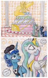 Size: 1026x1648 | Tagged: safe, artist:nancyksu, princess celestia, princess luna, alicorn, pony, alternate hairstyle, apron, cake, clothes, comic, speech bubble, thought bubble, traditional art