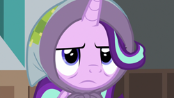 Size: 1280x720 | Tagged: safe, screencap, starlight glimmer, pony, unicorn, the parent map, annoyed, blanket, cute, female, glimmerbetes, headscarf, mare, scarf, solo